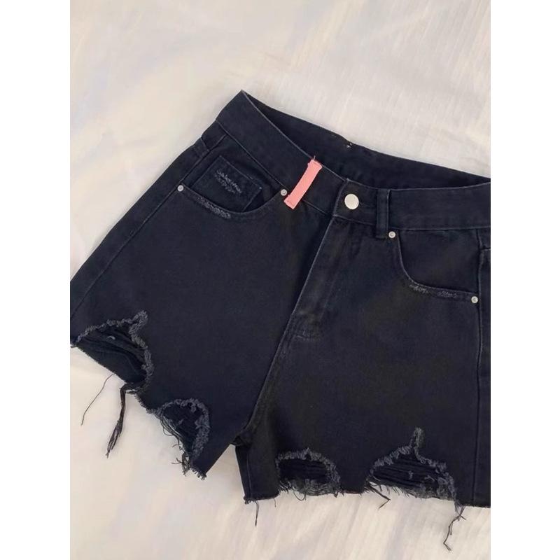 High-Waisted Vintage Ripped Black Denim Shorts - Women's 2025 Wide-Leg Summer Collection.