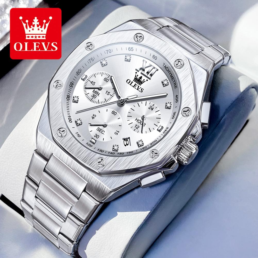 OLEVS 3626 Quartz Watch For Men Multi-functional Dial 24-hour Moon Phase Stainless Steel Strap Luminous Waterproof Watch