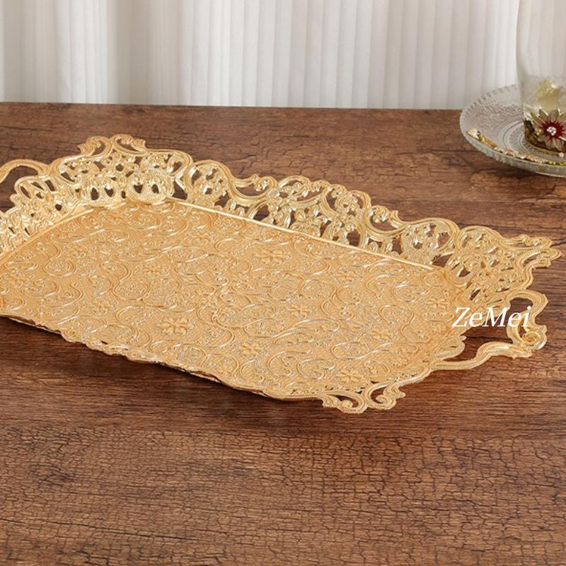 European Style Rectangle Fruit Plate,Exquisite Patterned Openwork Golden Metal Cake Plate Home Tray,Snack Disc Table Decoration