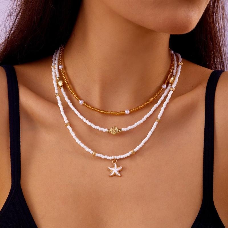 Fashionable Natural Shell Pearls Elastic Jewelry Triple Wear Neck Chain Wrist Ankle Decoration Coastal Styles Use