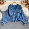 Jaqueta jeans feminina primavera e outono solta bf fashion frisada decote em v jaqueta de cintura curta