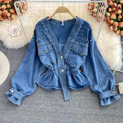Women's Denim Jacket Spring and Autumn Loose Bf Fashion Beaded V-neck Short Waisted Jacket