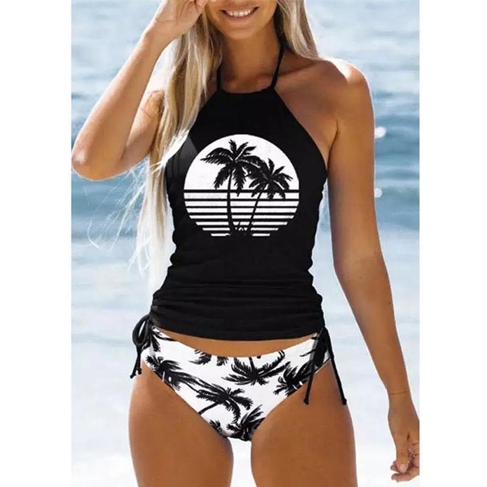 23-Year Coconut Tree Print Halter Neck Tie-Up Tummy Control Plus Size Women's Bikini