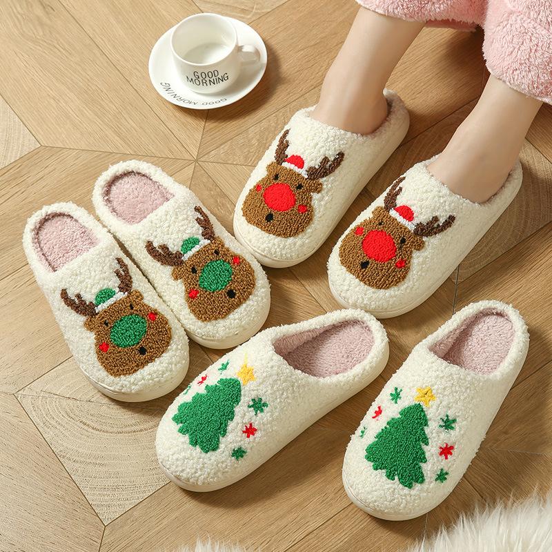 2026 New Winter Christmas Tree Cartoon Cute Warm Plush Slippers for Men Women Couples Indoor House Shoes