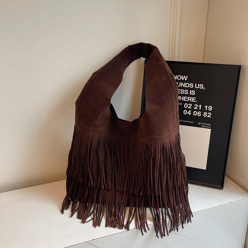 Винтажная сумка-тоут из замши оленьей кожи с кисточками - Женская сумка через плечо большой вместимости, коллекция 2025 One Size кофейный
