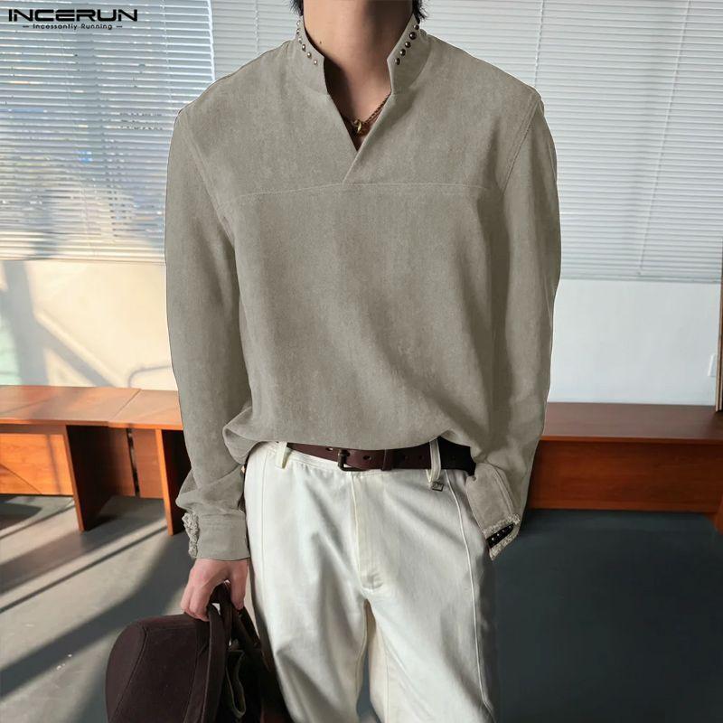 INCERUN Spring Men Stand Neck Long Sleeve Beading Casual Pullover T-shirts Tops
