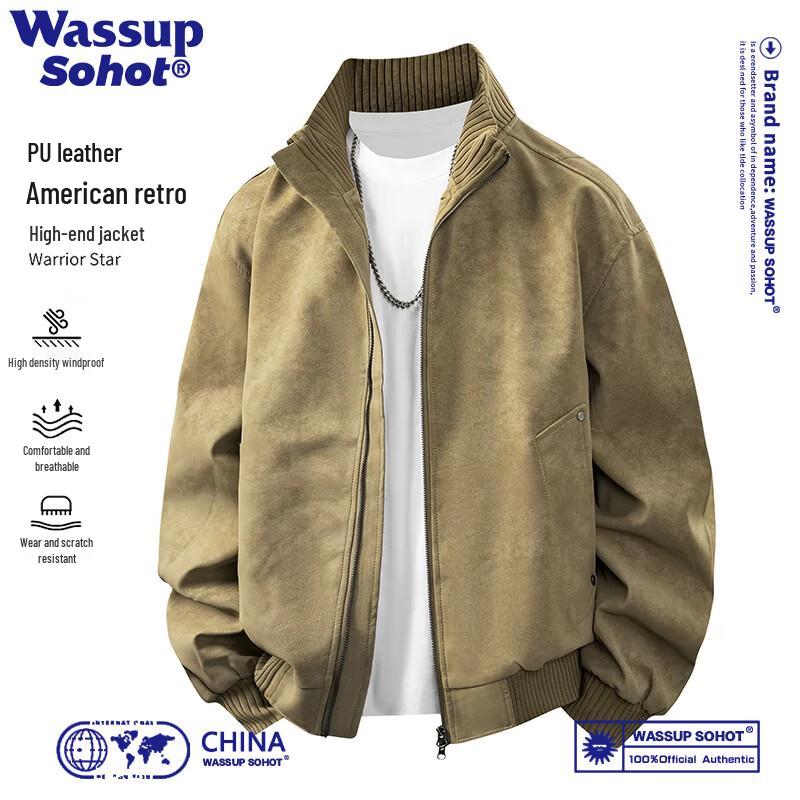 Wassup Sohot American Style Stand-Collar Tie-Dye PU Leather Bomber Jacket