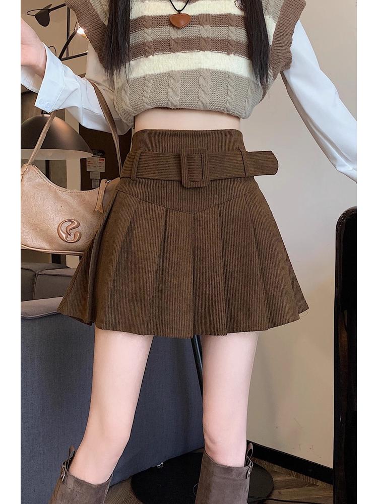 Fat Sister Women s Corduroy Pleated A-line Skirt - High Waist, Petite, Spring/Autumn 3XL коричневый