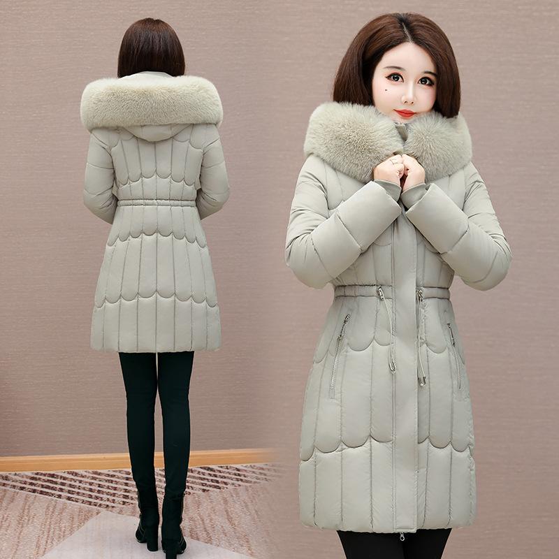 Zahraniční obchod zimní bavlněná dámská nová středně dlouhá korejská verze pas zateplená bavlněná bunda nový bavlněný kabát velký kožešinový límec