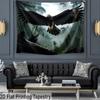 2D Eagle in Flight Tapestry Misty Rainforest with Falling Rain