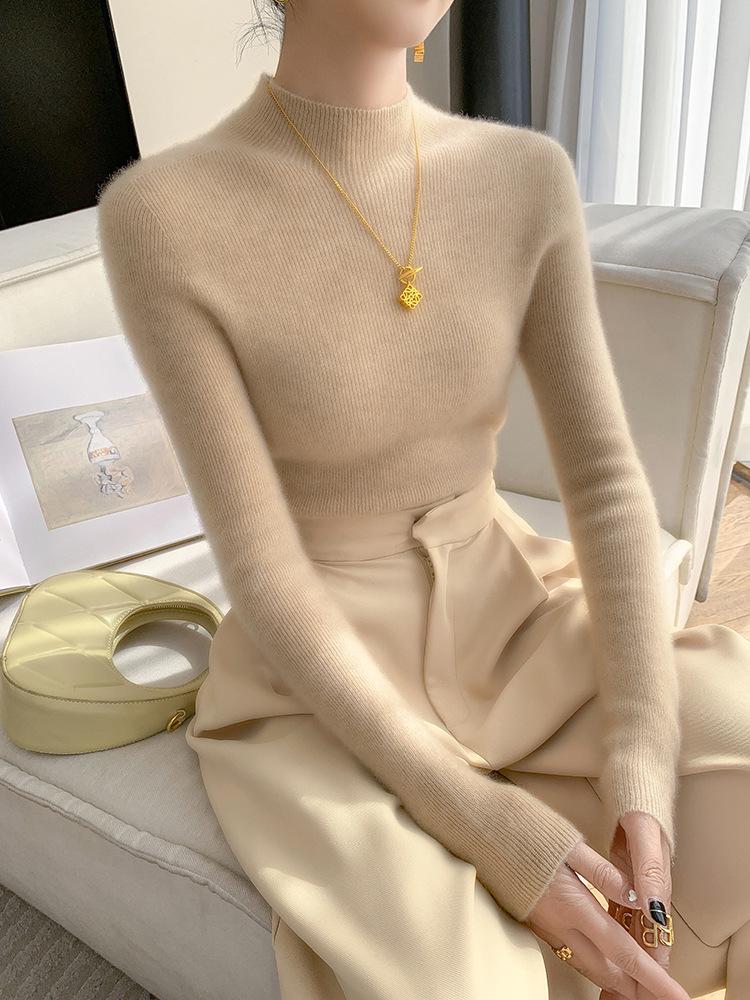 Women's Cashmere Wool Slim-Fit Knit Top - Half-High Neck, Seamless, Autumn/Winter Versatile Sweater