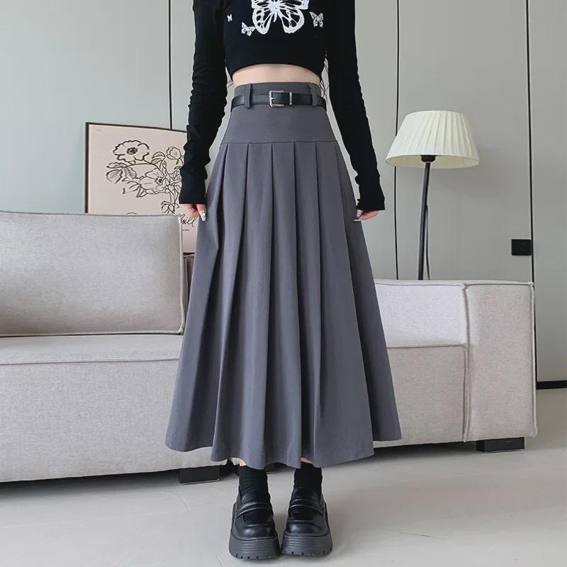 Autumn Women's Belted A-Line Pleated Skirt - New Slim Fit, Hip-Covering, Draped Style