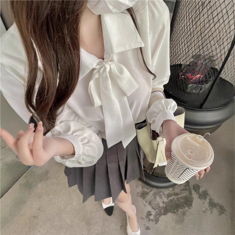 French Design Women White Bow Lace Up Long Sleeve Casual Commuting Shirt