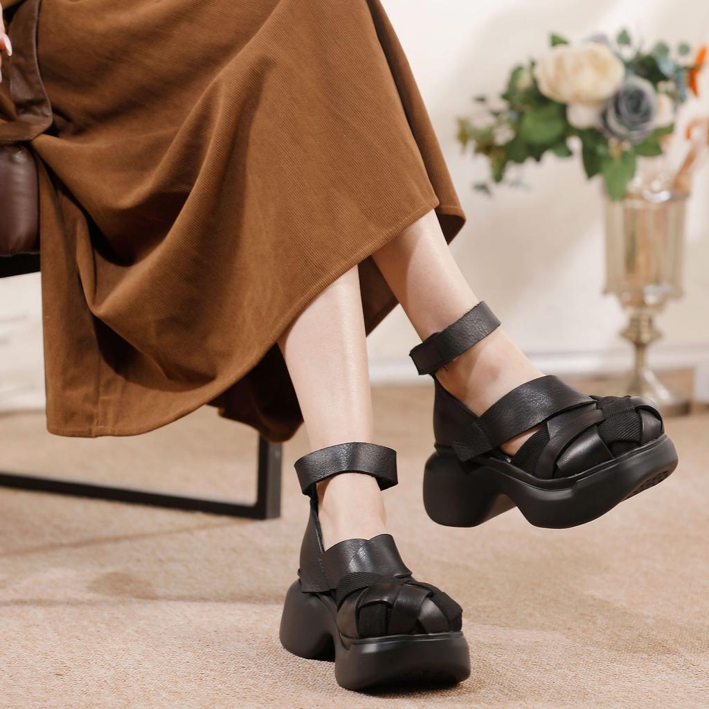 Johnature Echtes Leder Gewebte Schuhe mit dicker Sohle Retro Handgefertigte Damen Plateau-Sandalen
