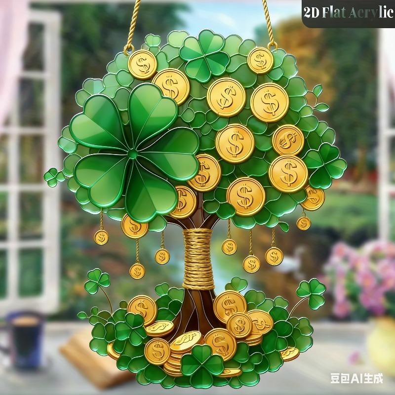 

2D Flat Acrylic Lucky Clover Decor Sign, Money Tree Design, Home Decor Plaque Hanging Wall Art Decorative Garden Decoration for Room Door Signs Hangin 15*20CM