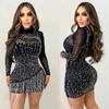 C6381 European & American Fashion Women's Long Sleeve Mesh Bubble Bead Short Dress