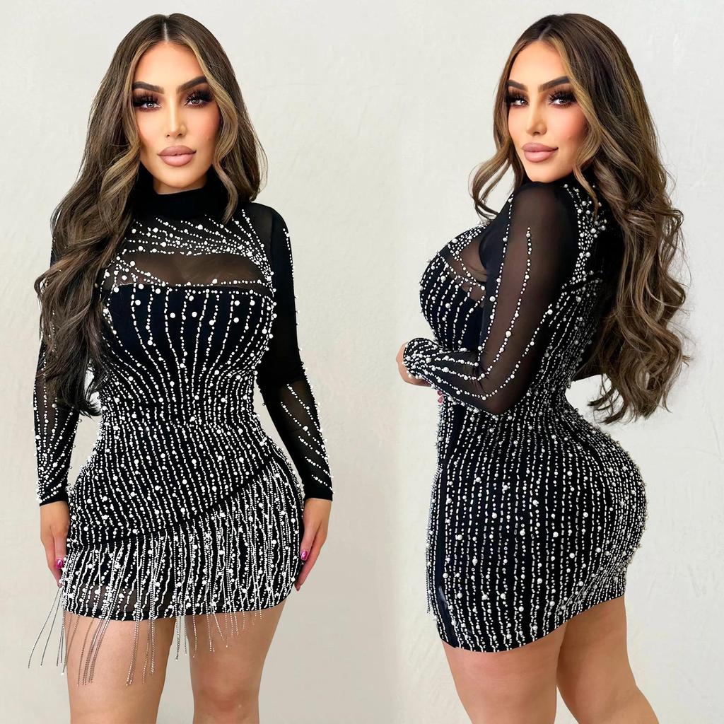 C6381 European & American Fashion Women's Long Sleeve Mesh Bubble Bead Short Dress