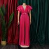 Luxury Pleated Jumpsuits Rompers Women Sexy V Neck Ruffles Sleeve Belt Waisted Floor Length Elegant Overalls
