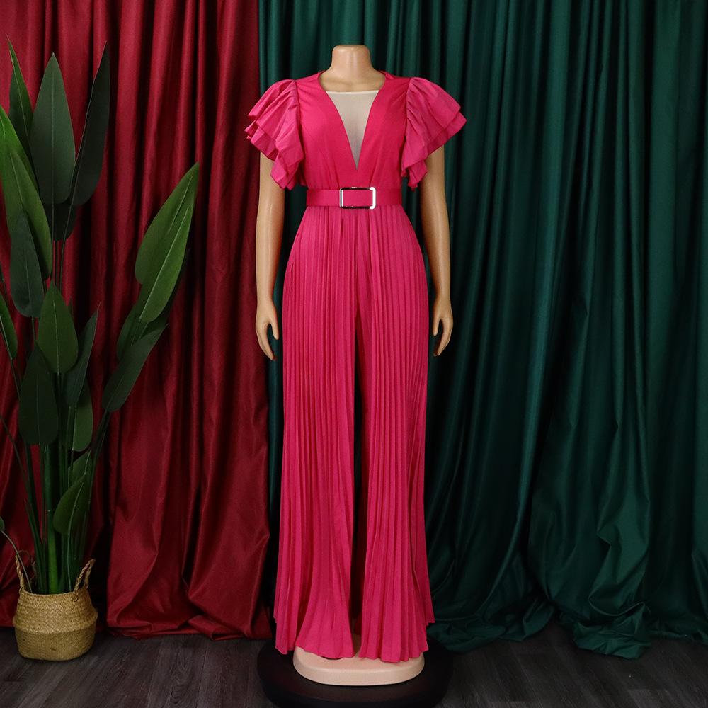 Luxury Pleated Jumpsuits Rompers Women Sexy V Neck Ruffles Sleeve Belt Waisted Floor Length Elegant Overalls
