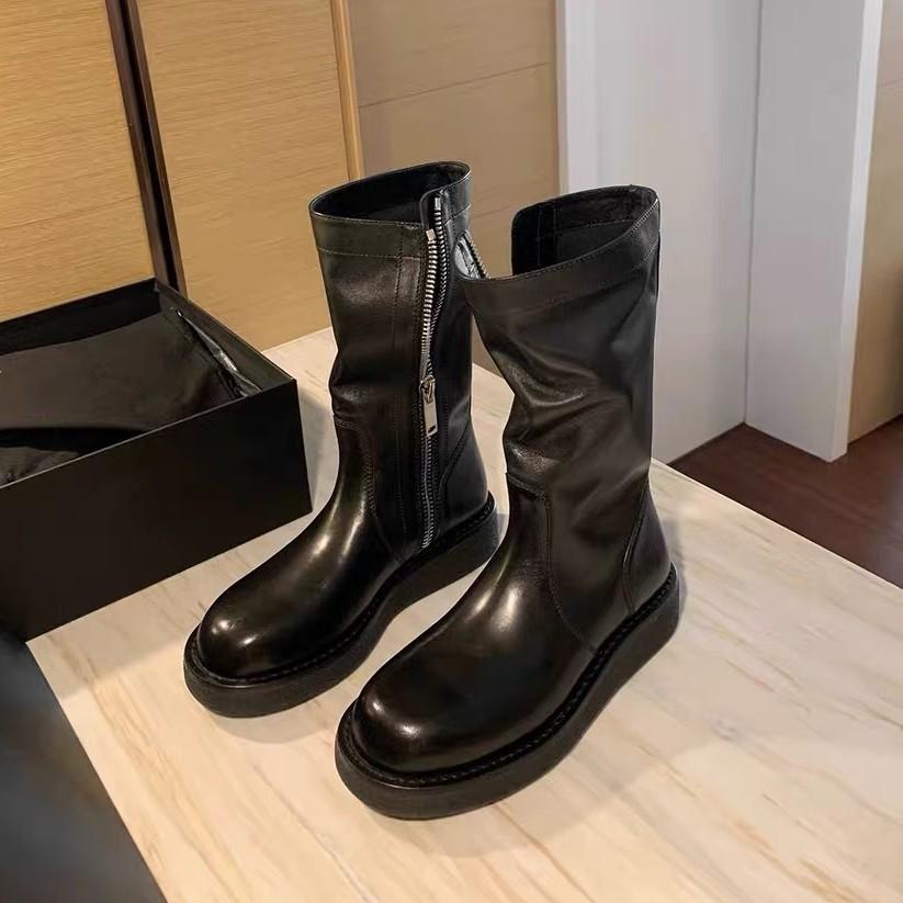 

Height-increasing leather thick-soled pleated medium tube knight boots women s new round head side zipper locomotive short boots 40 чёрный