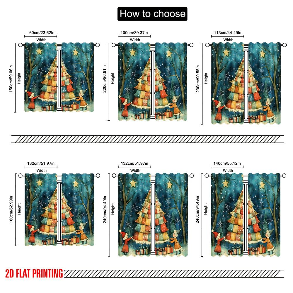 2pcs,2D plane printing Pattern Curtains Charming Festive Christmas Tree Scene (4) Versatile Durable Polyester (without rod)