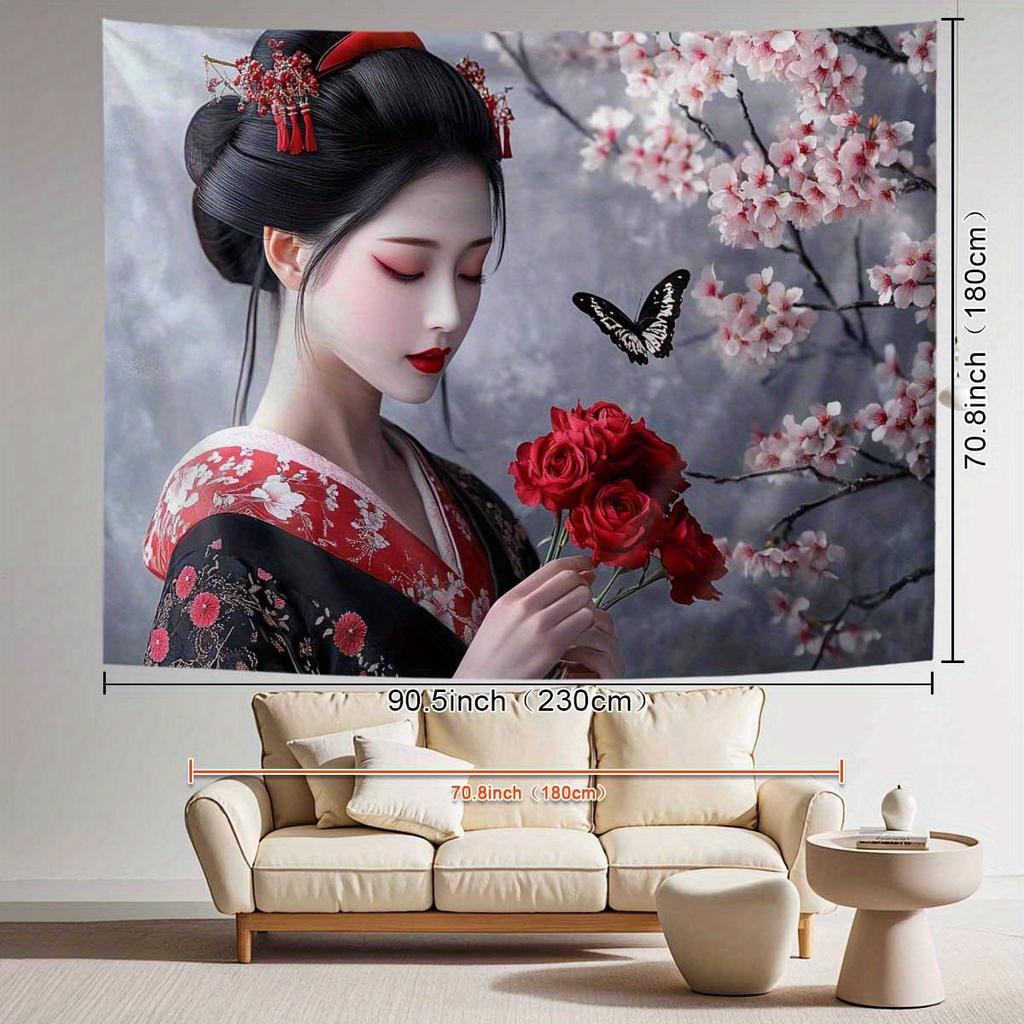 Geisha Woman Cherry Blossom Tapestry Japanese Kimono Art Butterfly Wall Hanging Eastern Decor Living Room Fabric Print