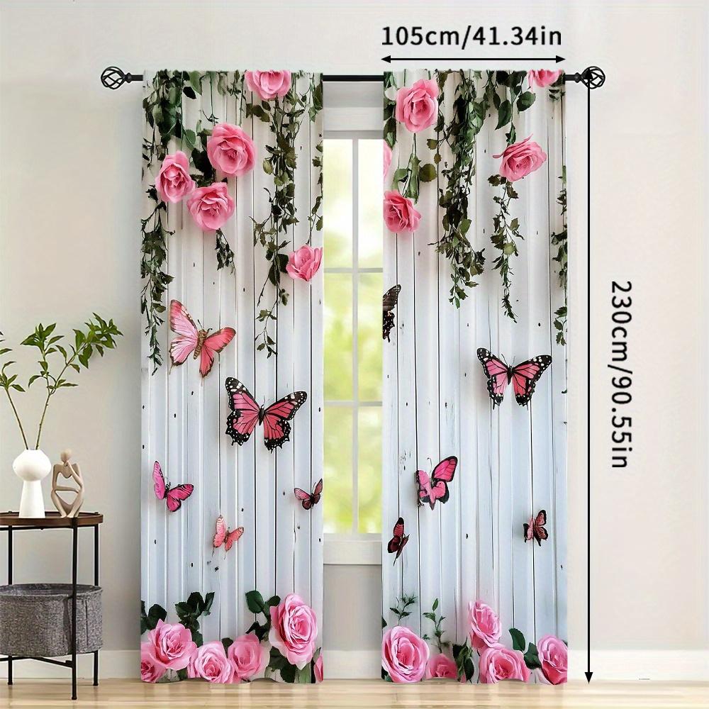 Schmetterling und Rose Verdunkelungsvorhänge 2 Stück – Schwarze Silhouette auf Rosa Blumigem Hintergrund, Romantische Schlafzimmer- oder Wohnzimmerdekoration