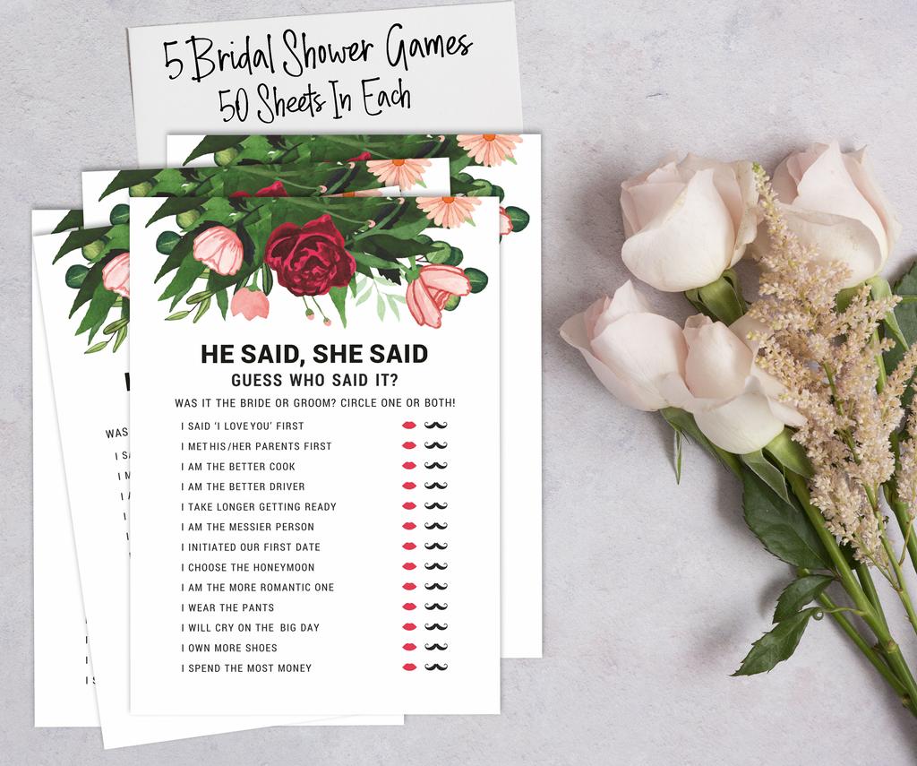 Inkdotpot Bridal Shower Games Set of 5 (Activities for 50 Guests) Floral Greenery Theme Fun Bachelorette Party Games Set Bundle