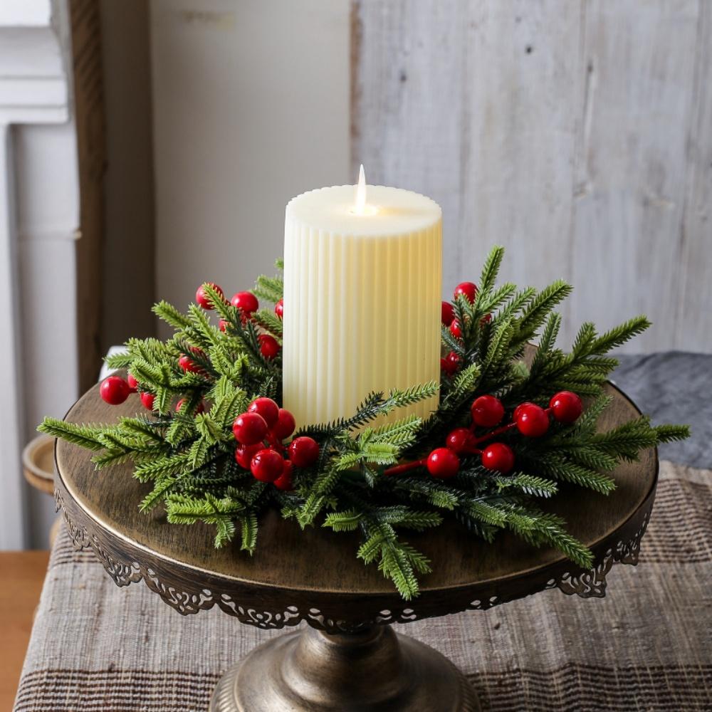 Christmas Wreath Artificial Berries Pinecone Pine Candlestick Wreaths Candle Holder Garland Home Xams Party Table Decoration
