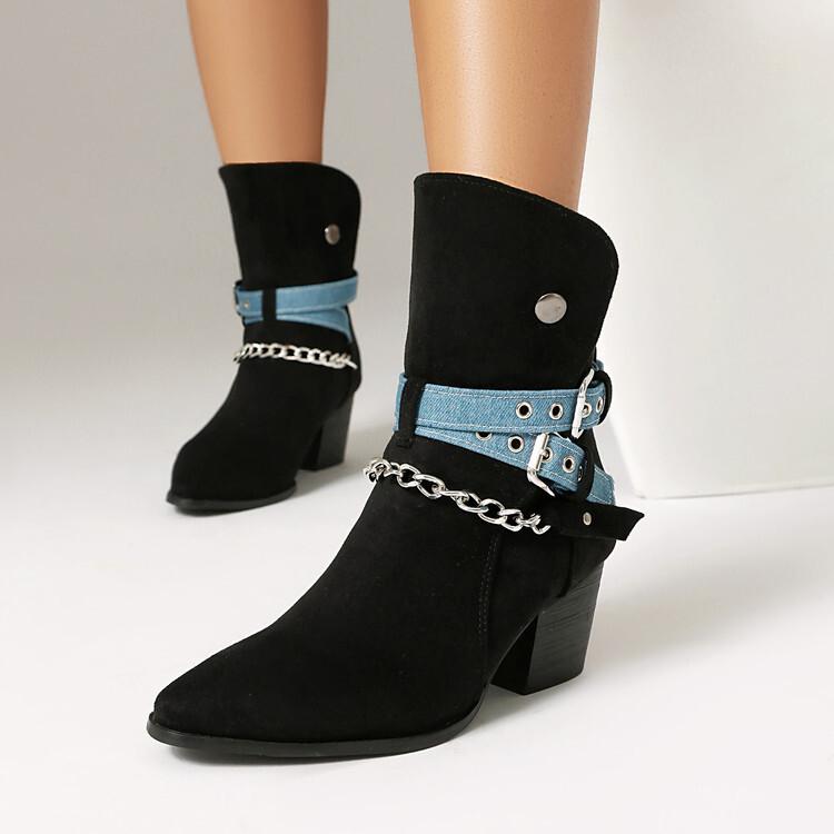 Large size casual matte leather boots high-top buckle slip-up men's boots fashion personalized chain square head leather shoes