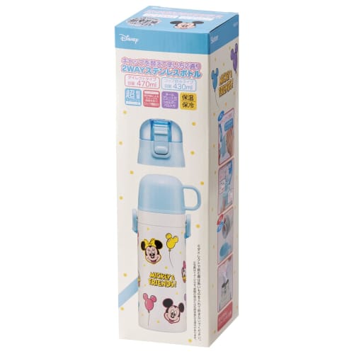 Skater Children's Water Bottle, 2-Way, 470ml (Direct Drinking) or 430ml (Cup Drinking), Disney Mickey & Friends Balloon Design, Stainless Steel, Insul