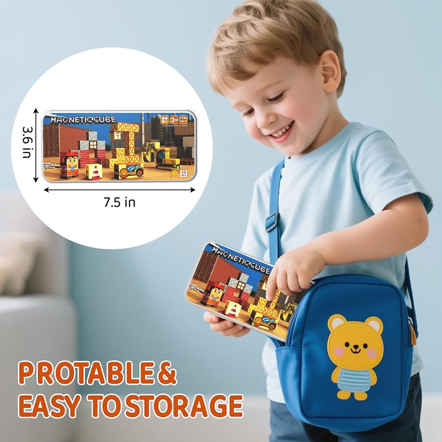 Magnetic Building Blocks for Kids, STEM Engineering Travel Toys with Portable Iron Box, Educational Construction Set for Toddler