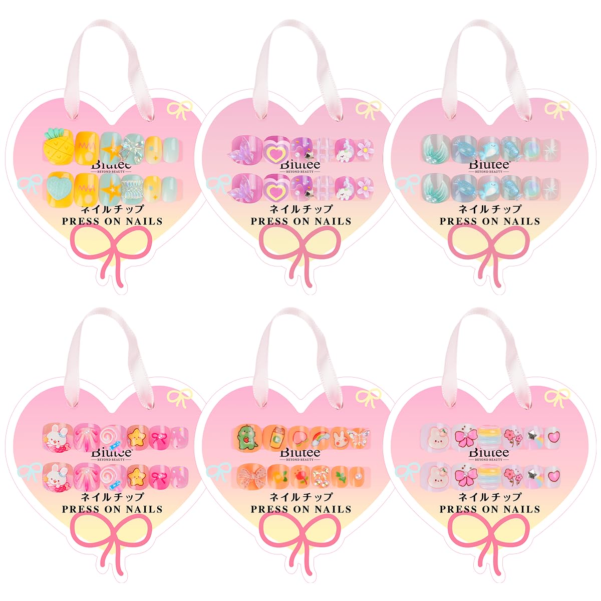 

Biutee Nail Tips for Kids, Set of 6, Cute Square Nail Stickers for Small Nails, 60 Sheets, Double-Sided Tape Included, Reusable