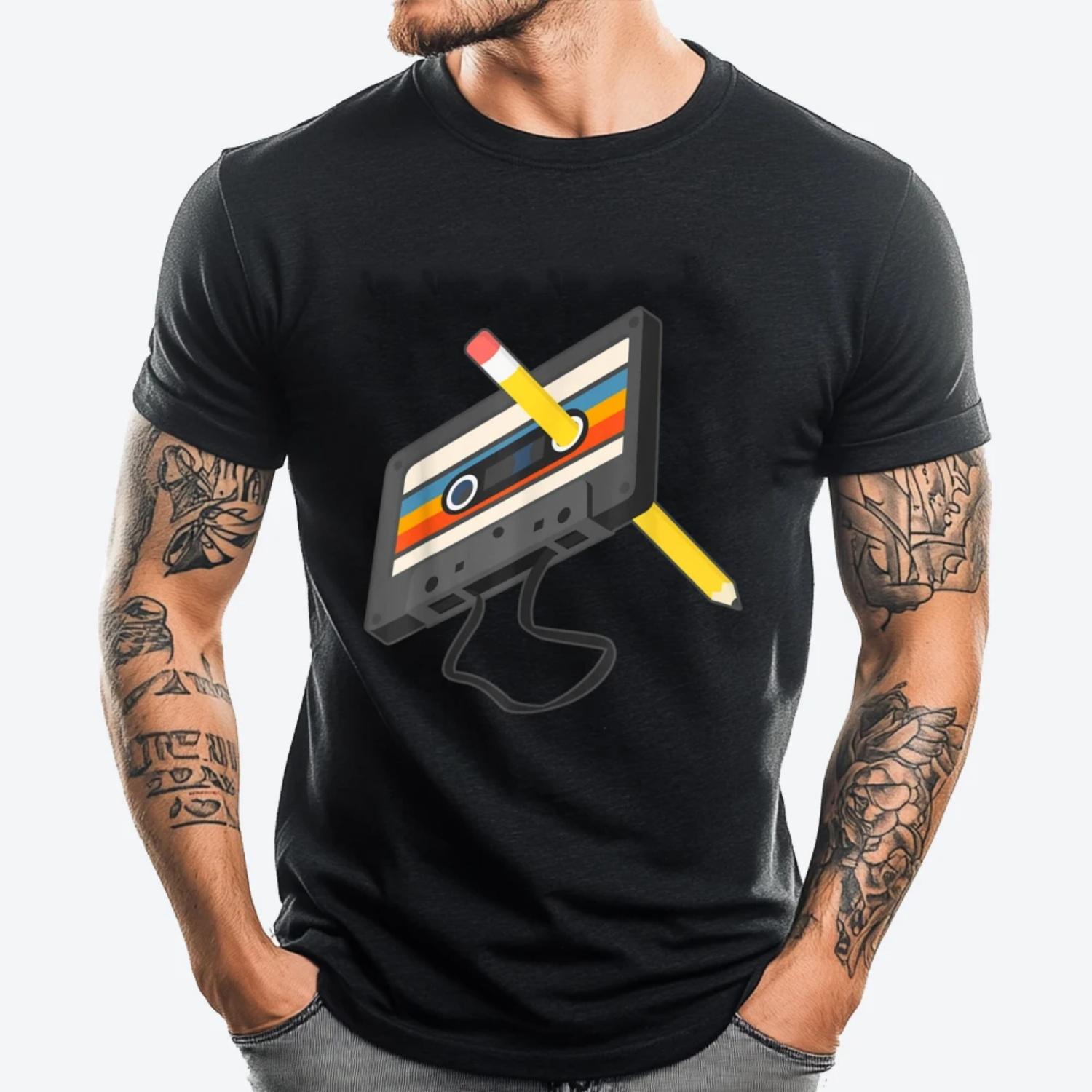 Retro Cassette Tape Pencil 70 80 90 Music Mixtape Teeshirt Mens Gifts Camisetas Hombre Gift S чёрный