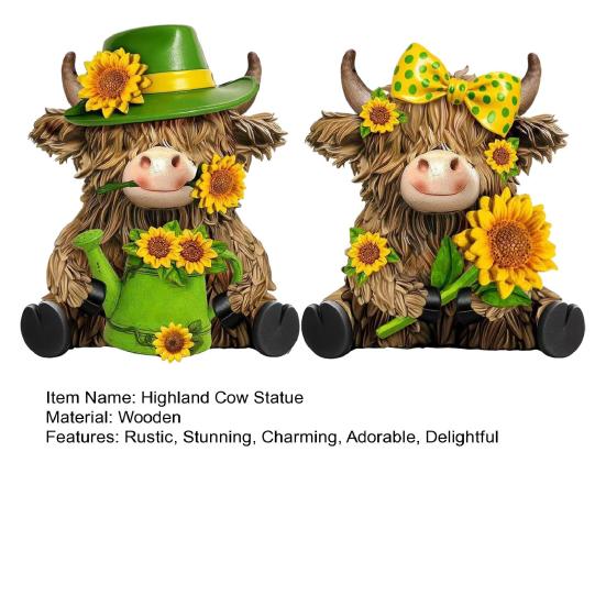 2 Pcs Sunflower Highland Cow Figurine, Spring Summer Scottish Cattle Sculpture, Cute Farm Animal Wooden Statue for Kitchen, Table, Shelf Decor