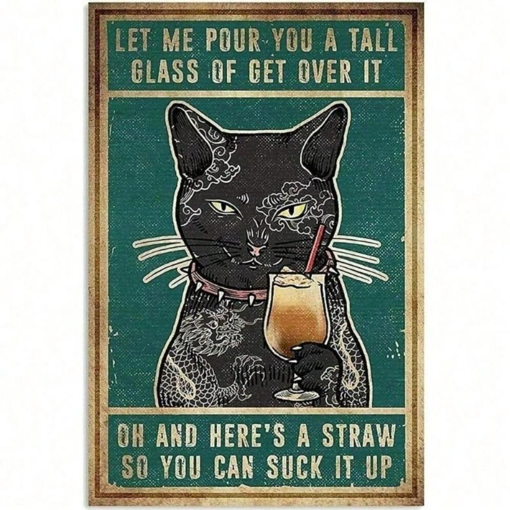 Metal Wall Art Poster, Black Cat Retro Style, for Home Bar Garage