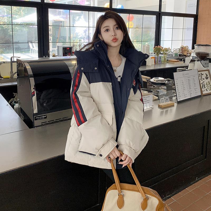 Cotton-padded Jacket Girls' Middle School Long New Tooling Contrast Color College Wind Bread Clothing Winter Hooded Loose Cotton-padded Jacket.