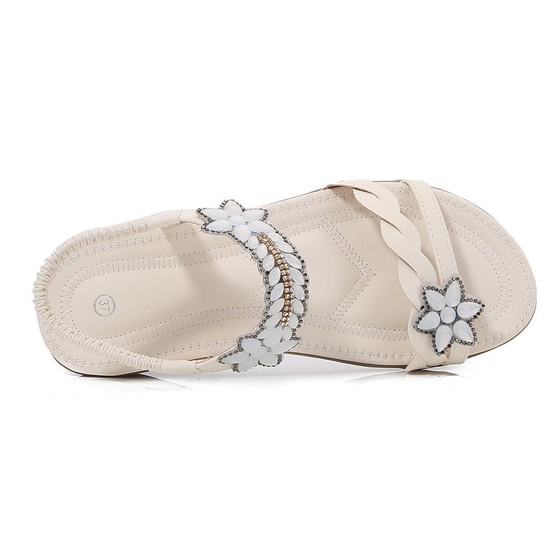 Large Size Women's Shoes 2024 Summer Ethnic Sandals Beach Travel Bohemian Flowers Rhinestones Large Size Flats