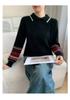 Women's Autumn/Winter Color Block Cashmere Knit Sweater with Contrast Lapel - Fashionable, Loose, and Thickened Design