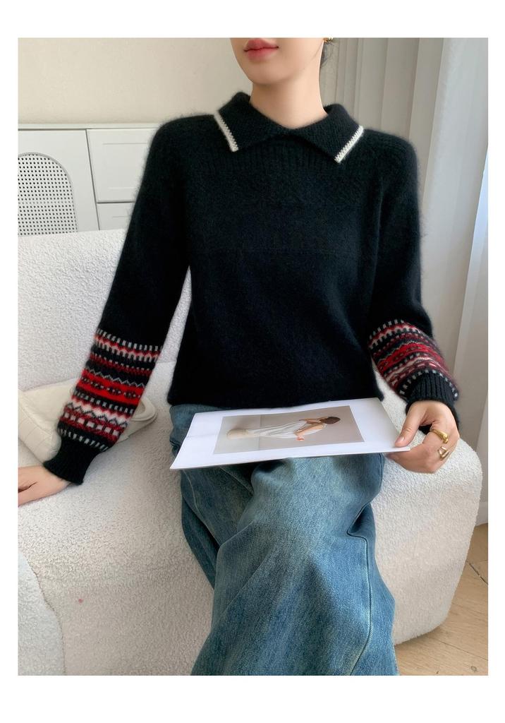 Women's Autumn/Winter Color Block Cashmere Knit Sweater with Contrast Lapel - Fashionable, Loose, and Thickened Design