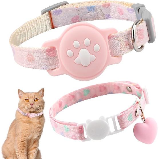 2Pcs Airtag Cat Collar, Pink Breakaway Luminous Cat Collar and Heart Quick Release Safe Buckle Collar, Adjustable Lightweight Kitten Collar, Hidden розовый