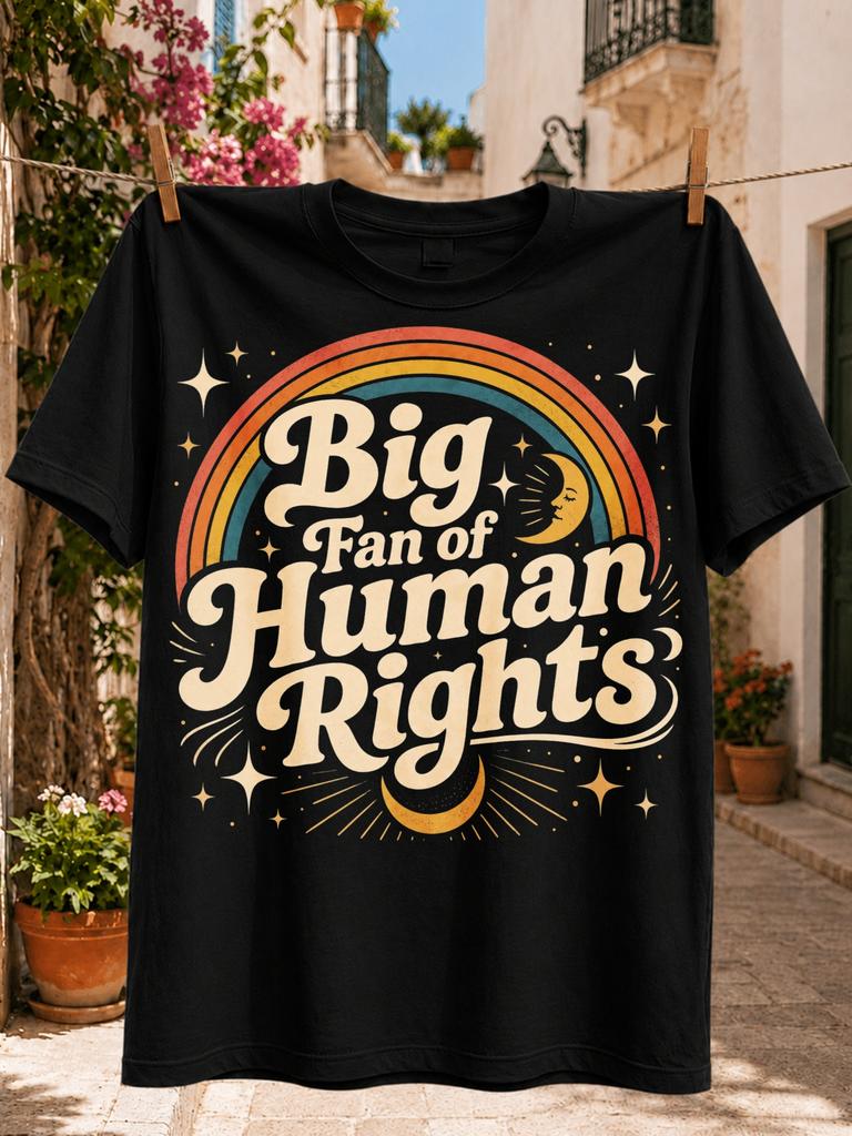 Big Fan of HuUnisex Rights Retro Rainbow ArchMoon Stars and Cream Script Lettering in Celestial Style Unisex All TShirt