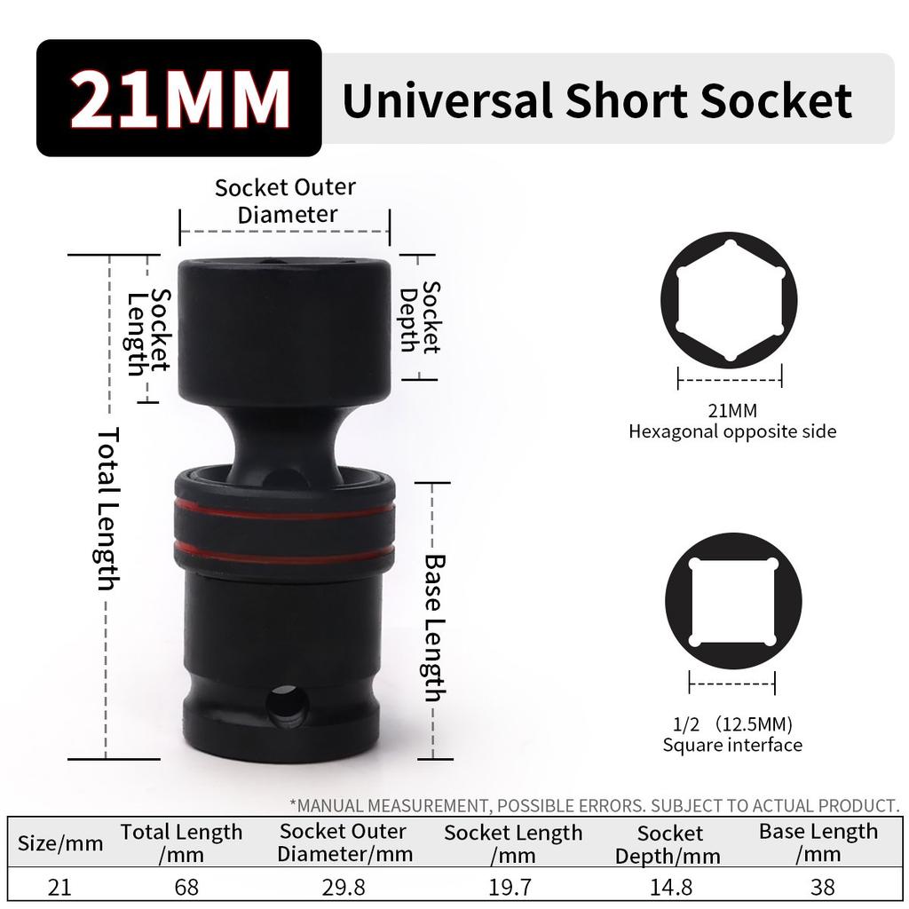 1/2inch Drive 10-24mm Universal Joint Hex Short Socket Electric Wrench Adapter 360°Swivel Impact Socket For Pneumatic Wrench