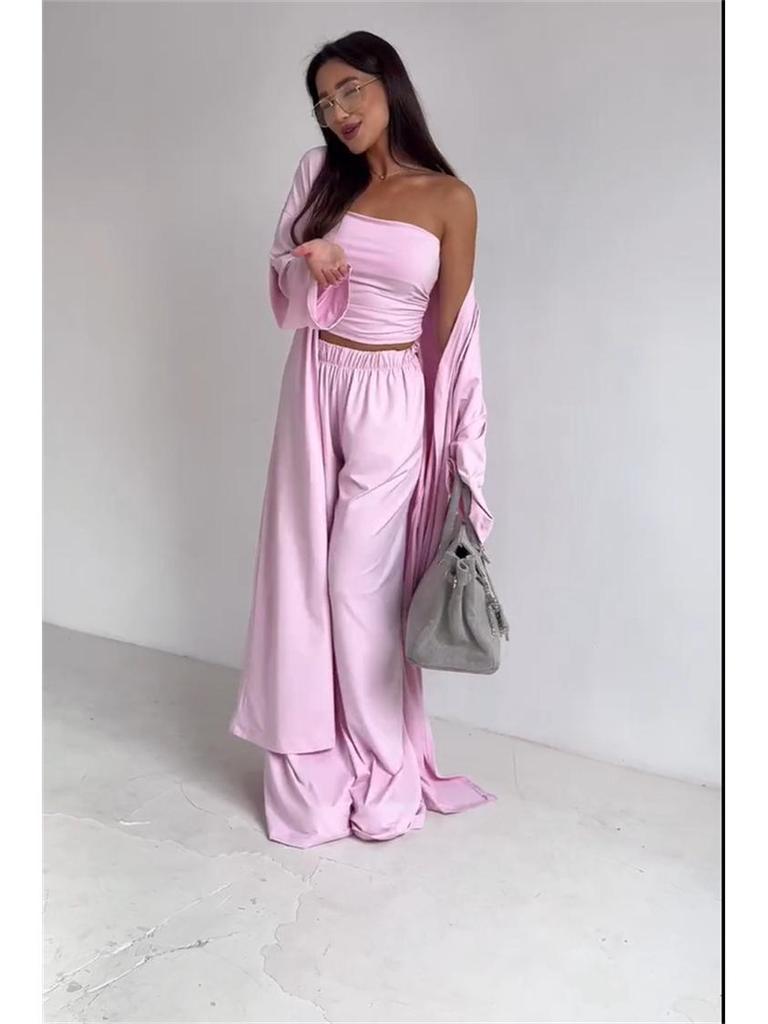 2025 Summer Women’s Strapless Vest, Long Cardigan, and Wide-Leg Pants Set
