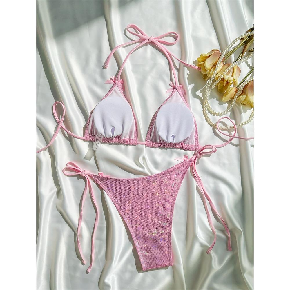 Shiny Pink Bikini Extrem String Backless Swimsuit Push Up Kawaii Bowknot Vacation Swimwear Women Micro Tangas Beach Bathing Suit