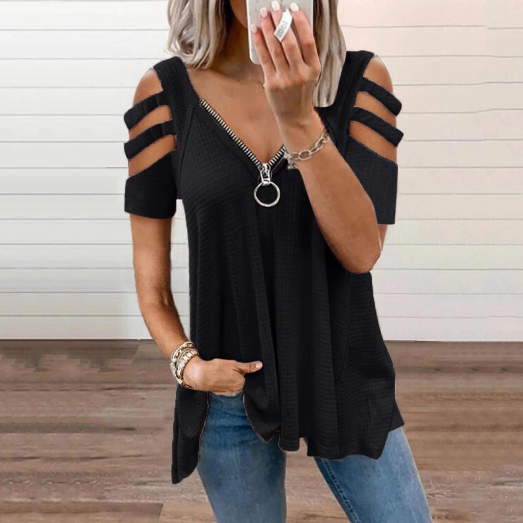 Womens Sexy V-neck Collar Zipper Color Short Sleeve Fold Casual Blouse Tops
