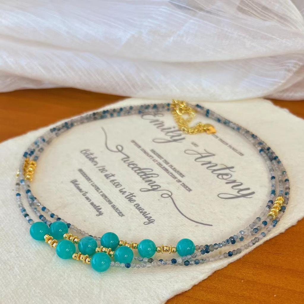Retro Natural Blue Strawberry Crystal Contrasting Color Natural Tianhe Stone Design Necklace Collarbone Chain