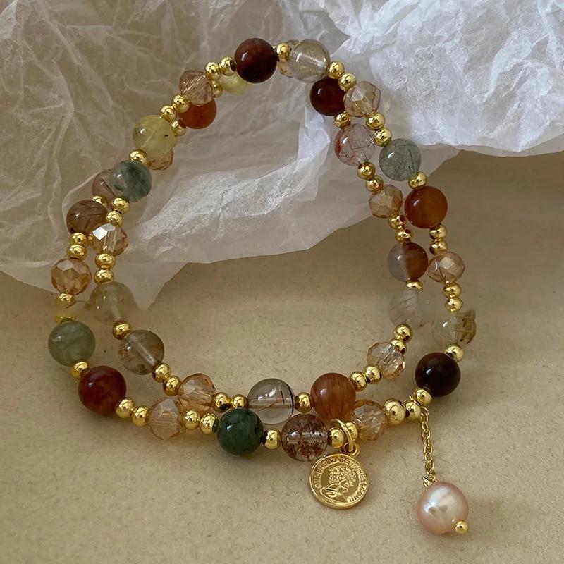 Elegant Double Layered Crystal Pearl Beaded Bracelet for Women Chic Beads Wrap Pendant Bangle Wedding Party Jewelry