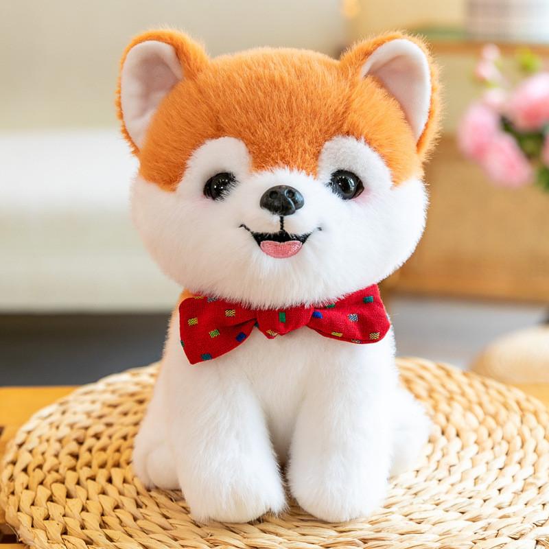Plush Shiba Inu Toy With Green Bow Soft Stuffed Animal For Children Companion