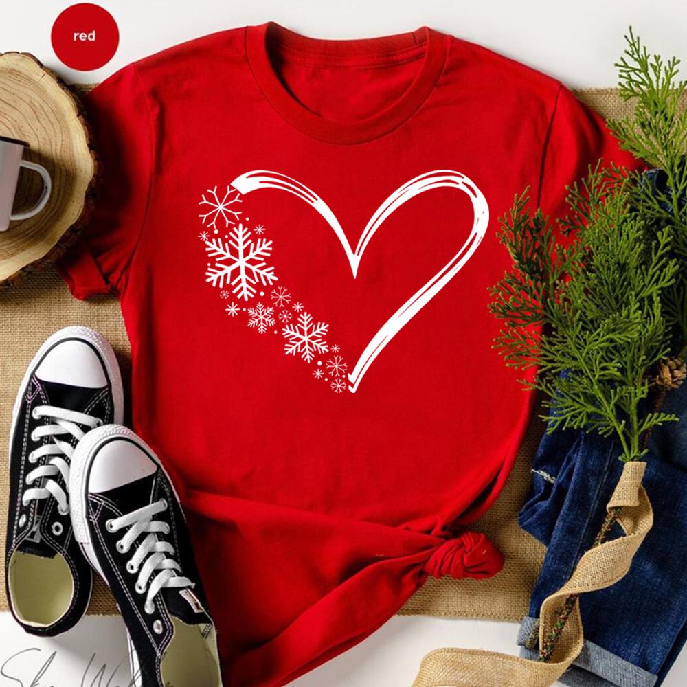 Snowflake Tshirt Christmas Snow Flake Heart Graphic Tee Cozy Winter Shirt Christmas Holiday Matching Family Shirts Xmas Gift S